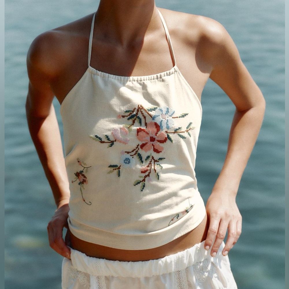 Zara Floral Embroidered Halter Top BNWT